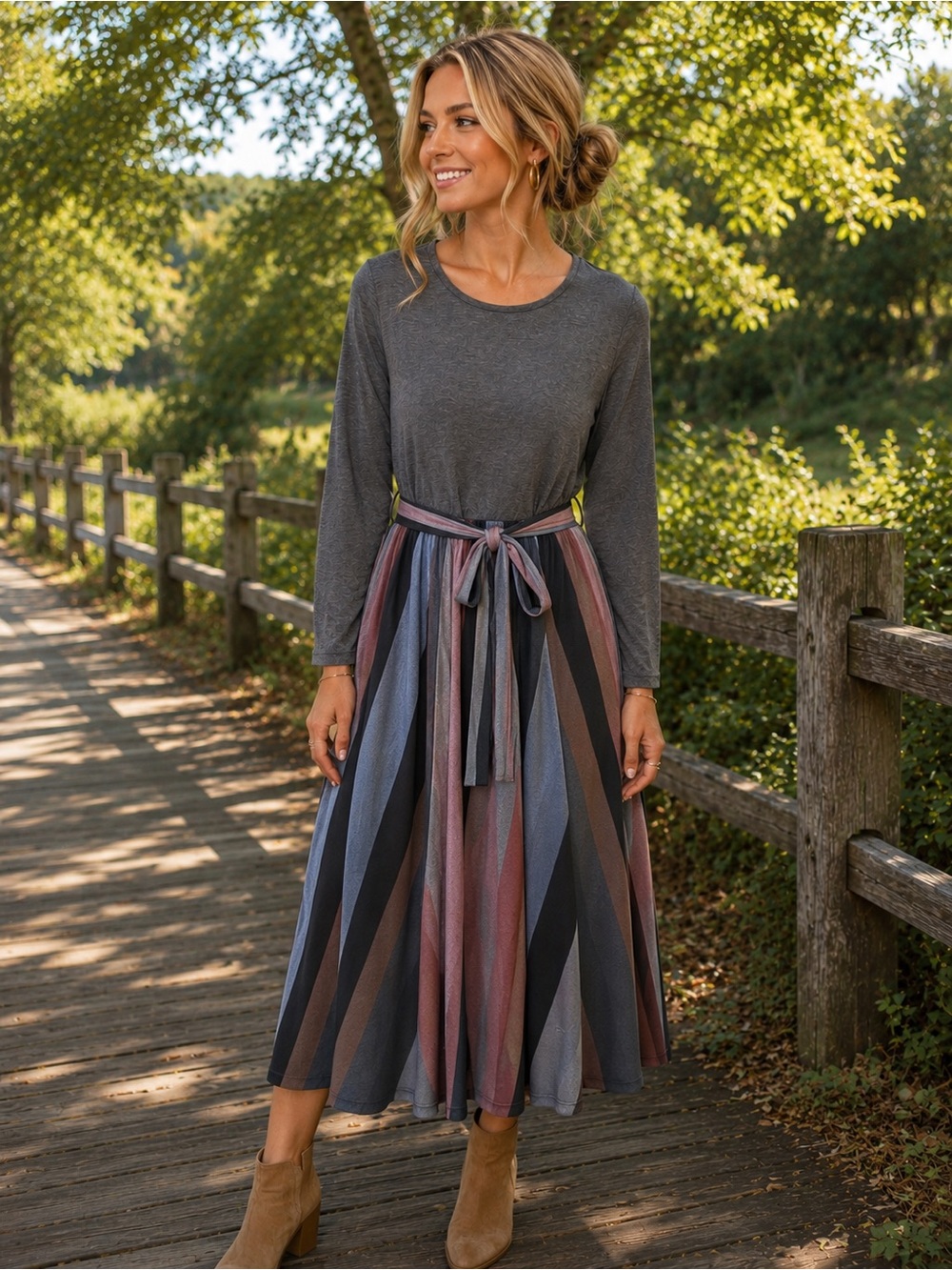 BloomChic Charcoal & Multicolour Striped Maxi Dress
